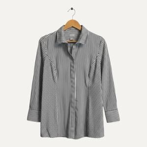 Chico’s 00P/2P Petite‎ Black White Striped Cotton Tunic Button Shirt